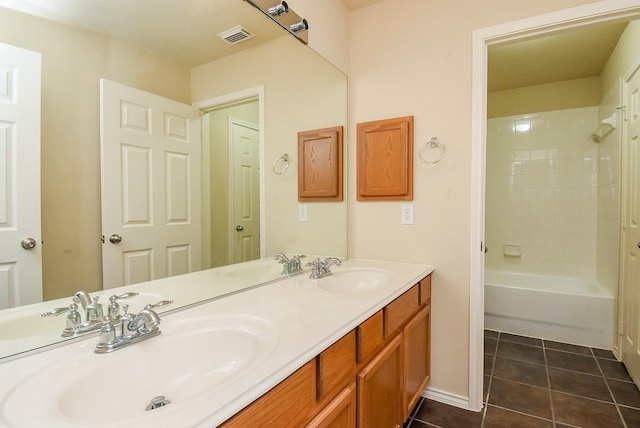 2814 Edgewick Elm St, Fresno, TX 77545 - bathroom featuring tile patterned floors, double vanity, and shower / washtub combination