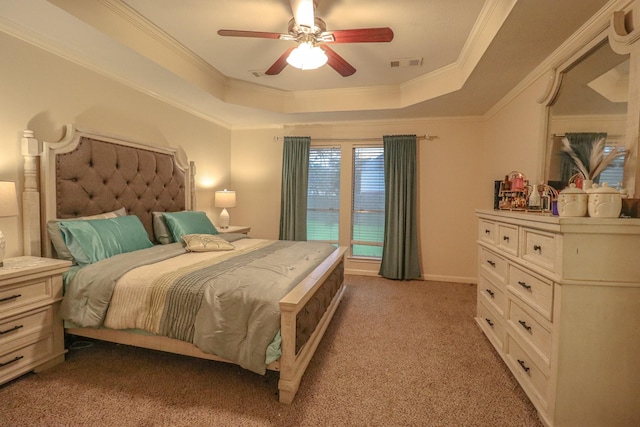 17803 Inland Oaks Dr, Richmond, TX 77407 - bedroom featuring a raised ceiling, light carpet, ornamental molding, and ceiling fan