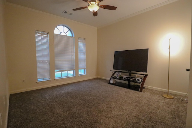 17803 Inland Oaks Dr, Richmond, TX 77407 - unfurnished living room featuring crown molding, a ceiling fan, plenty of natural light, and carpet floors