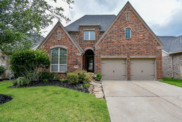 19750 Lago Terrace Loop, Richmond, TX 77407 - view of front of property featuring brick siding, driveway, a front yard, a garage, and roof with shingles