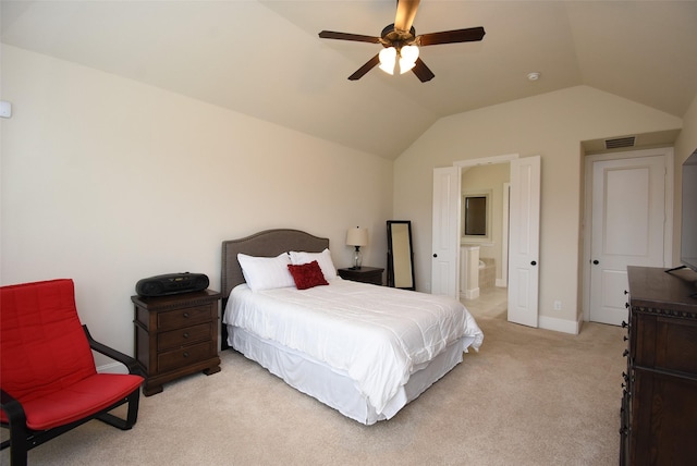 19750 Lago Terrace Loop, Richmond, TX 77407 - bedroom with carpet floors, lofted ceiling, ensuite bath, and ceiling fan