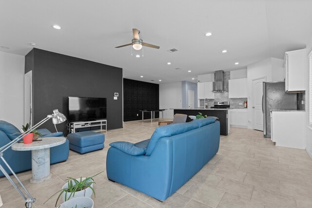14205 Dream Rd, New Caney, TX 77357 - living area with a ceiling fan, recessed lighting, and light tile patterned floors