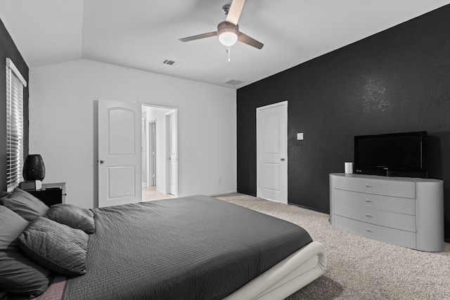 14205 Dream Rd, New Caney, TX 77357 - carpeted bedroom featuring vaulted ceiling and a ceiling fan
