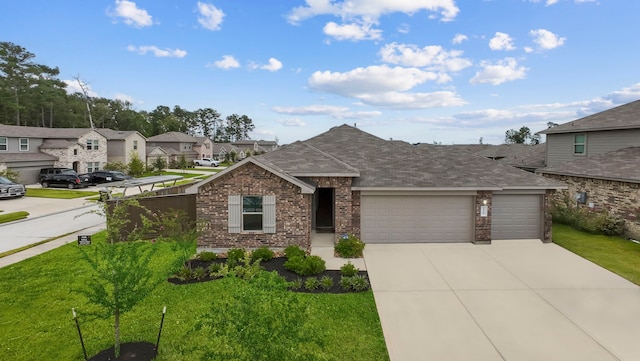 14205 Dream Rd, New Caney, TX 77357 - view of front of house featuring a garage, a residential view, driveway, brick siding, and a front lawn