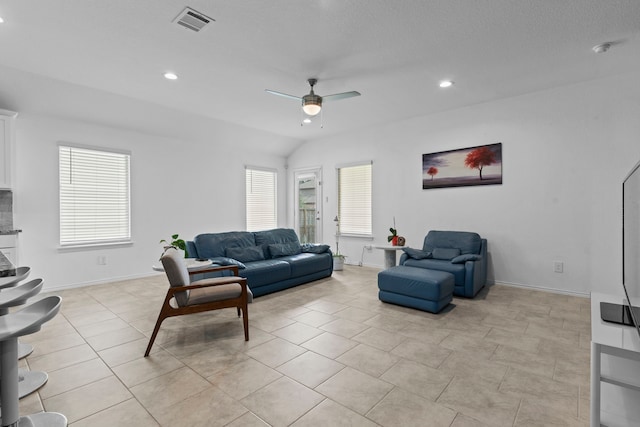 14205 Dream Rd, New Caney, TX 77357 - living area with a ceiling fan, recessed lighting, and light tile patterned flooring