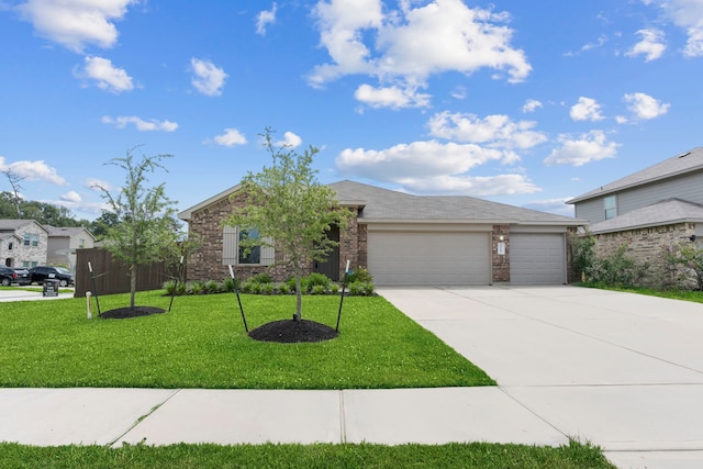 14205 Dream Rd, New Caney, TX 77357 - view of front of house featuring an attached garage, driveway, brick siding, and a front lawn