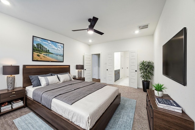 390 Kendall Crest Dr, Alvin, TX 77511 - bedroom with carpet, recessed lighting, ensuite bath, and a ceiling fan