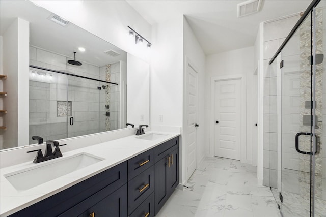 390 Kendall Crest Dr, Alvin, TX 77511 - bathroom with a stall shower, double vanity, and marble look tile flooring