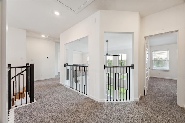 390 Kendall Crest Dr, Alvin, TX 77511 - hallway featuring carpet, an upstairs landing, attic access, and recessed lighting