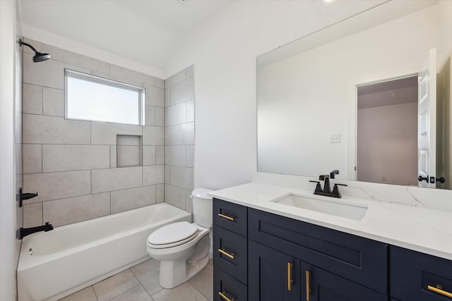390 Kendall Crest Dr, Alvin, TX 77511 - full bathroom with vanity, tub / shower combination, tile patterned floors, and lofted ceiling
