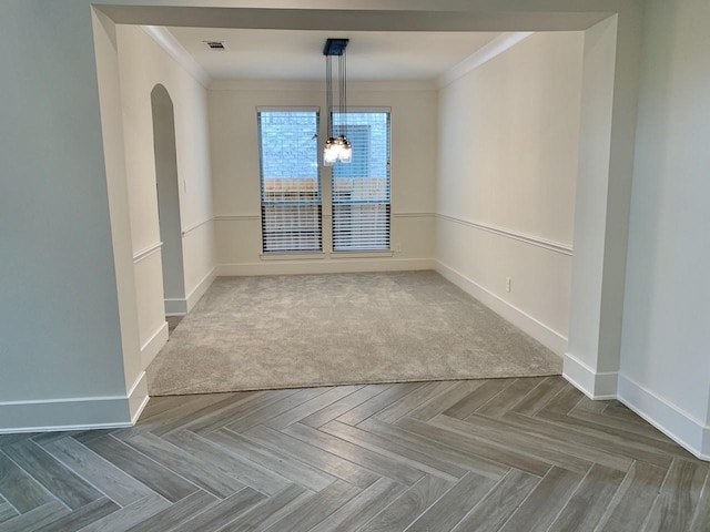 12515 Tullich Run Dr, Humble, TX 77346 - unfurnished dining area with ornamental molding and arched walkways