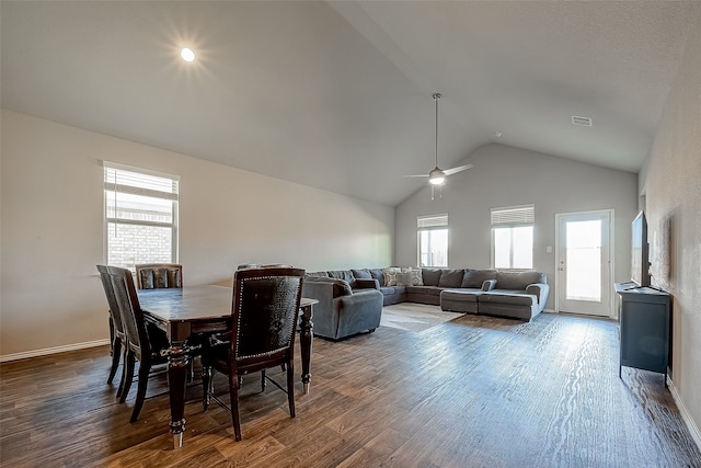 18623 Swainboro Dr, New Caney, TX 77357 - dining room with vaulted ceiling, wood finished floors, and a ceiling fan