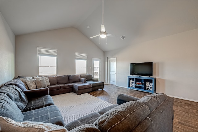 18623 Swainboro Dr, New Caney, TX 77357 - living room featuring a ceiling fan, wood finished floors, and high vaulted ceiling
