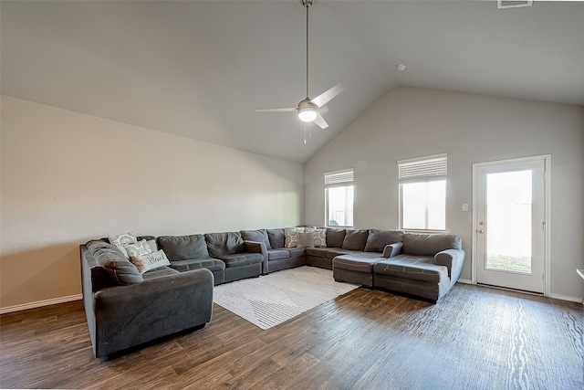 18623 Swainboro Dr, New Caney, TX 77357 - living area featuring a ceiling fan, wood finished floors, and high vaulted ceiling