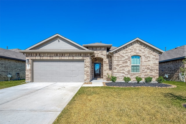 18623 Swainboro Dr, New Caney, TX 77357 - view of front of house featuring brick siding, concrete driveway, an attached garage, and a front lawn