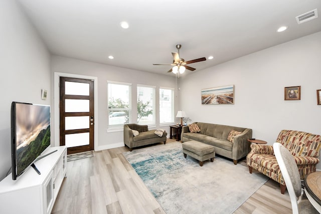 9016 Lonestar River Ln, Houston, TX 77080 - living room featuring light wood-style flooring, ceiling fan, and recessed lighting