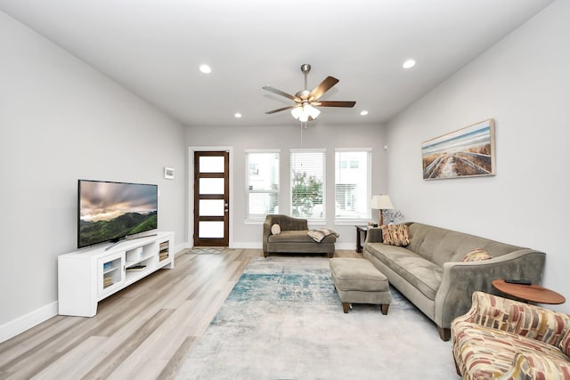 9016 Lonestar River Ln, Houston, TX 77080 - living room with light wood-type flooring, recessed lighting, and a ceiling fan