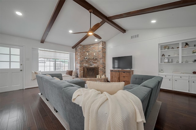 7634 Braesdale Ln, Houston, TX 77071 - living area with ceiling fan, dark wood-style floors, a fireplace, and recessed lighting