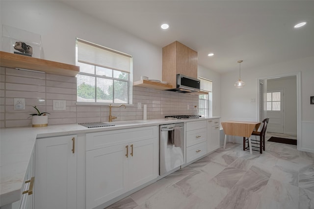 7634 Braesdale Ln, Houston, TX 77071 - kitchen featuring stainless steel appliances, open shelves, tasteful backsplash, white cabinets, and recessed lighting