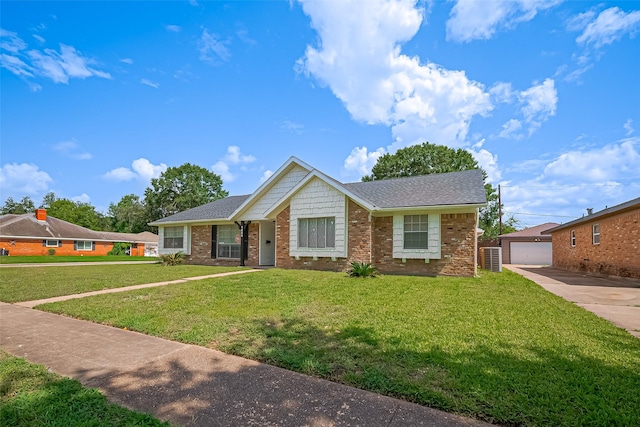 7634 Braesdale Ln, Houston, TX 77071 - ranch-style house featuring an outbuilding, brick siding, a front lawn, a shingled roof, and a garage