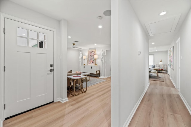 4422 Merwin St, Houston, TX 77027 - foyer with light wood finished floors, recessed lighting, and ceiling fan