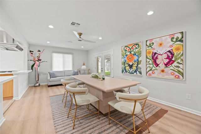 4422 Merwin St, Houston, TX 77027 - dining room featuring light wood-type flooring, recessed lighting, ceiling fan, and french doors