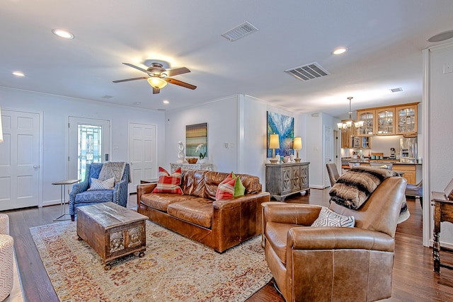 520 W 30th St, Houston, TX 77018 - living room featuring a chandelier, dark wood finished floors, ceiling fan, recessed lighting, and ornamental molding