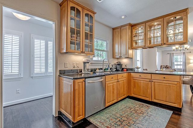 520 W 30th St, Houston, TX 77018 - kitchen with dishwasher, a peninsula, dark wood-type flooring, glass insert cabinets, and recessed lighting