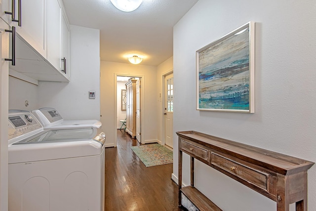 520 W 30th St, Houston, TX 77018 - laundry room featuring separate washer and dryer, dark wood finished floors, and cabinet space