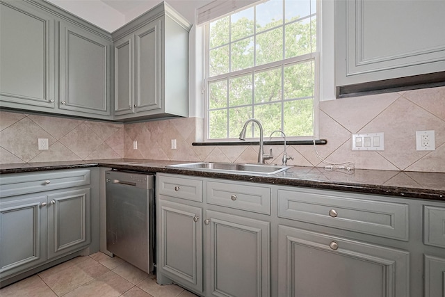 2403 Ranna Ct, Sugar Land, TX 77498 - kitchen featuring stainless steel dishwasher, gray cabinetry, backsplash, and healthy amount of natural light