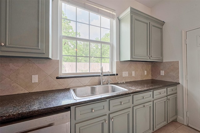 2403 Ranna Ct, Sugar Land, TX 77498 - kitchen featuring dishwasher, dark countertops, gray cabinets, and backsplash