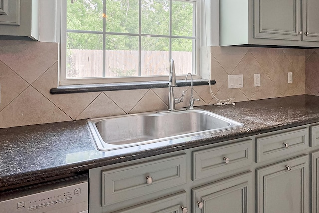 2403 Ranna Ct, Sugar Land, TX 77498 - kitchen with dark countertops, dishwasher, and backsplash