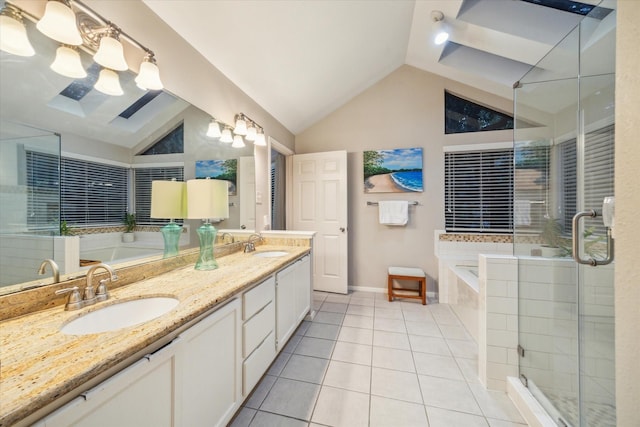 11 Leaf Trace Ct, Spring, TX 77381 - full bathroom with vaulted ceiling, tile patterned flooring, double vanity, a garden tub, and a stall shower