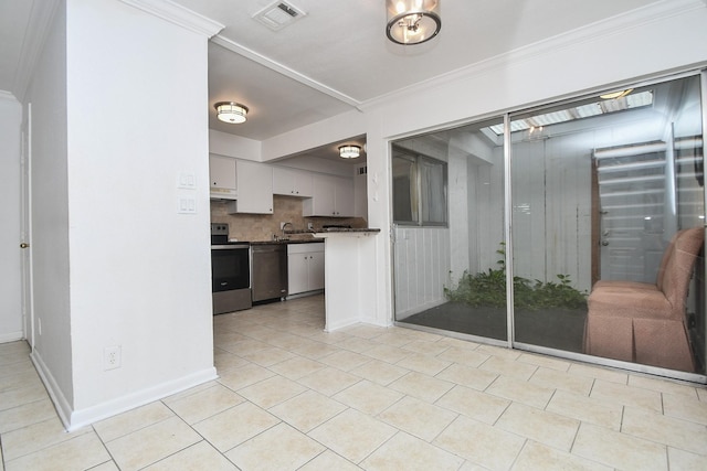 2635 Marilee Ln Unit 2635, Houston, TX 77057 - kitchen with stainless steel appliances, dark countertops, light tile patterned floors, ornamental molding, and decorative backsplash