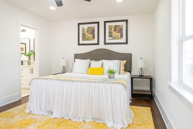 1020 E 16th St, Houston, TX 77009 - bedroom with wood finished floors, connected bathroom, recessed lighting, and ceiling fan