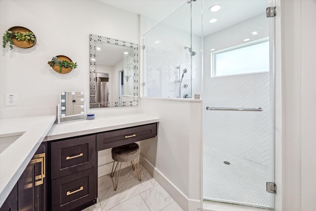 1247 Martin St, Houston, TX 77018 - full bath with vanity, a stall shower, and marble look tiles