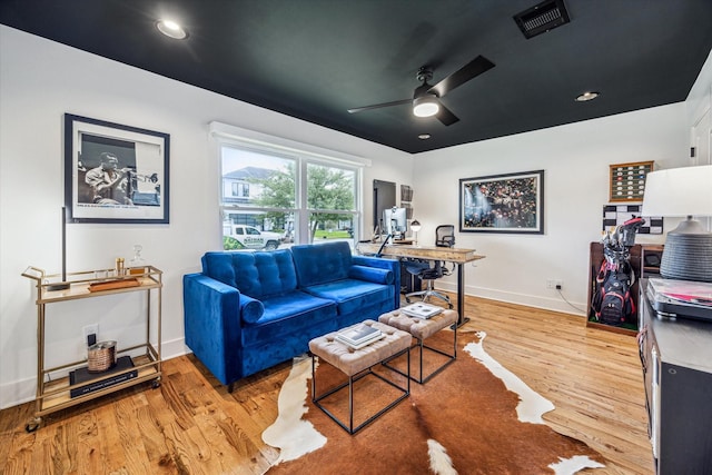 1247 Martin St, Houston, TX 77018 - living area with a ceiling fan, light wood finished floors, and an office area
