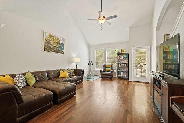 2911 Clay St, Houston, TX 77003 - living area with dark wood finished floors, high vaulted ceiling, and ceiling fan