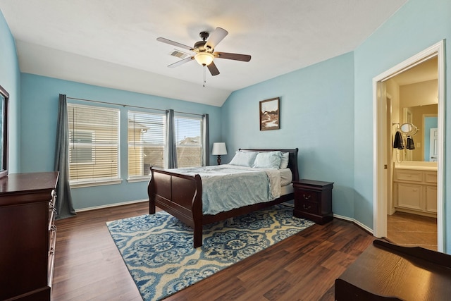 2911 Clay St, Houston, TX 77003 - bedroom featuring dark wood-type flooring, vaulted ceiling, and ceiling fan