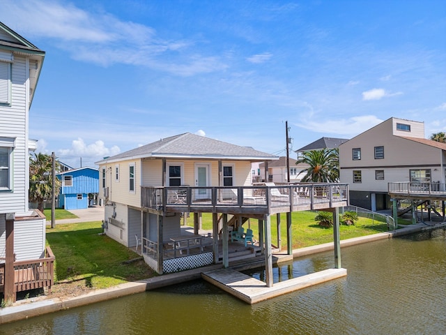 16711 Kingston Way, Galveston, TX 77554 - dock area featuring a deck with water view, a residential view, a lawn, and stairway