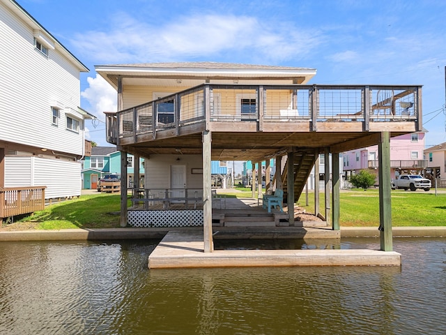 16711 Kingston Way, Galveston, TX 77554 - dock featuring a lawn, stairs, and a deck with water view