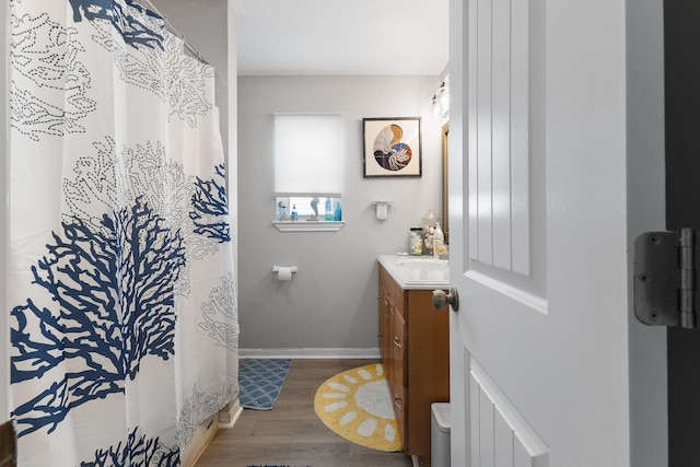 16711 Kingston Way, Galveston, TX 77554 - bathroom with vanity, wood finished floors, and a shower with shower curtain