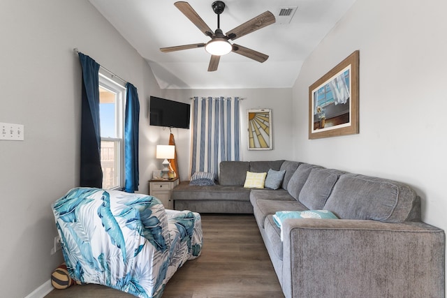 16711 Kingston Way, Galveston, TX 77554 - living area with a ceiling fan, vaulted ceiling, and dark wood-style floors