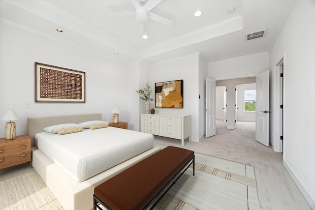 306 Felt Cir, Houston, TX 77011 - bedroom featuring light colored carpet, recessed lighting, a raised ceiling, ornamental molding, and a ceiling fan