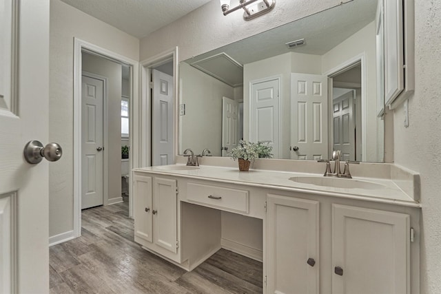22811 Northampton Pines Dr, Spring, TX 77389 - bathroom featuring wood finished floors, double vanity, a textured wall, and a textured ceiling