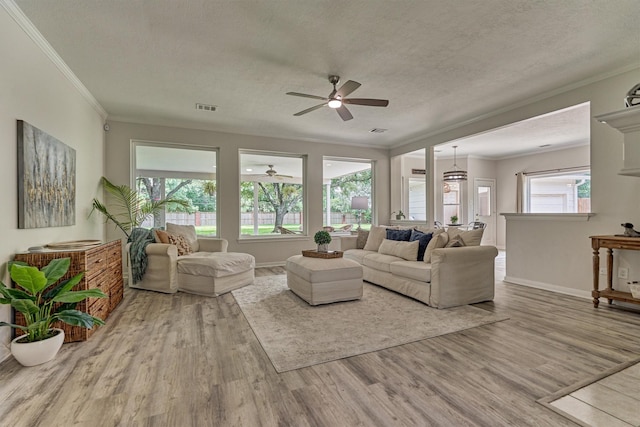 22811 Northampton Pines Dr, Spring, TX 77389 - living area with a ceiling fan, ornamental molding, wood finished floors, and a textured ceiling
