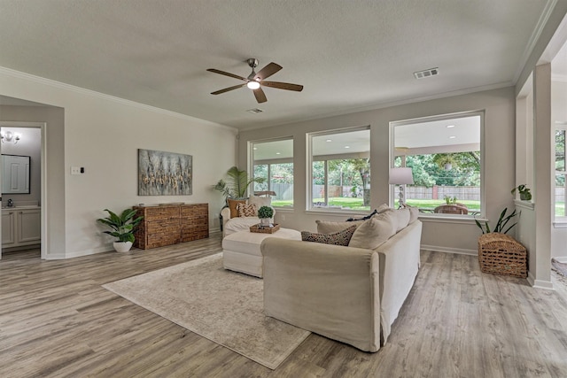 22811 Northampton Pines Dr, Spring, TX 77389 - living room with light wood finished floors, ceiling fan, crown molding, a textured ceiling, and a chandelier
