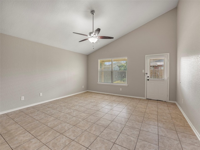 419 Eastern Phoebe, San Antonio, TX 78253 - empty room featuring a ceiling fan, light tile patterned floors, and high vaulted ceiling
