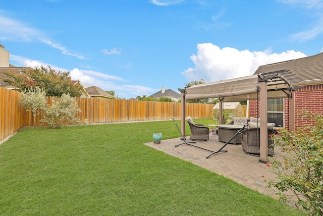 18114 Rustic Springs Dr, Tomball, TX 77375 - fenced backyard with a pergola, an outdoor hangout area, and a patio area
