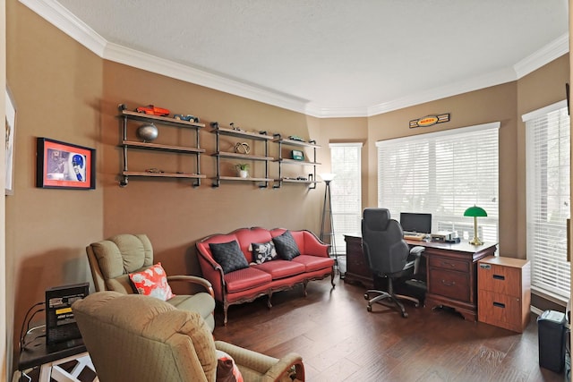 18114 Rustic Springs Dr, Tomball, TX 77375 - office space featuring crown molding and dark wood-type flooring